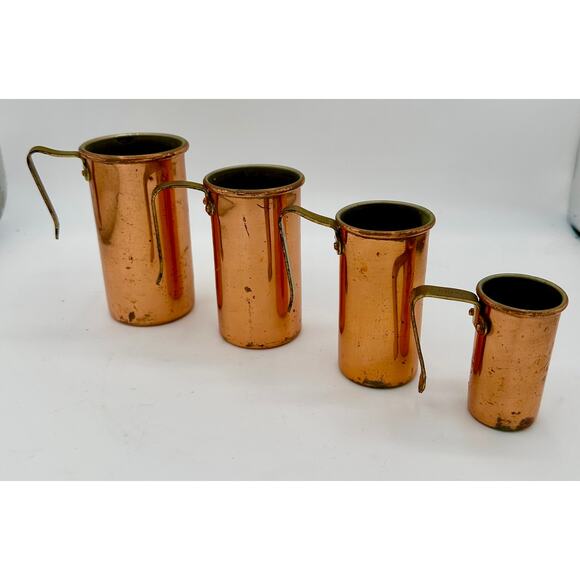 Vintage Copper Measuring Cups Set of 4 | Rustic French Farmhouse Cookware - Picture 1 of 8